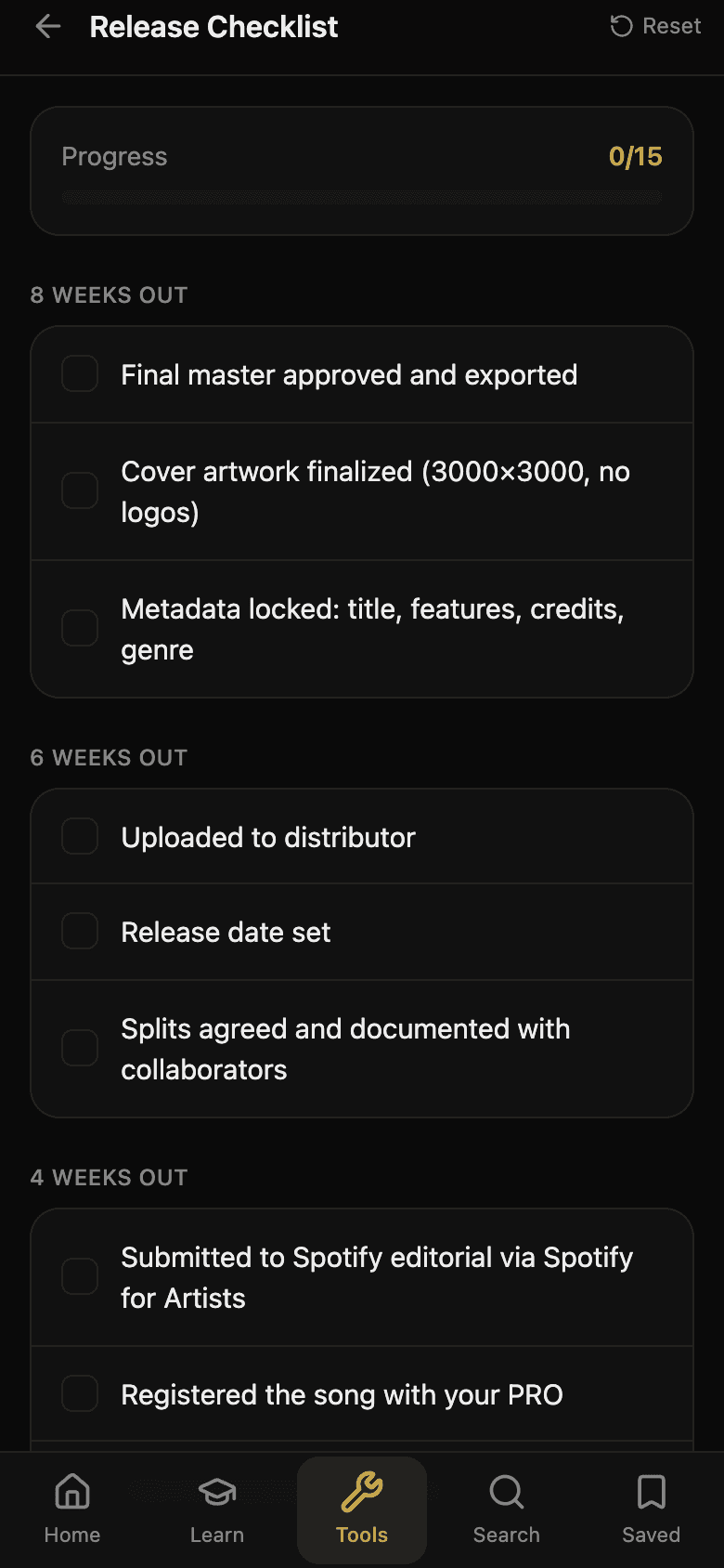 Release checklist with saved progress