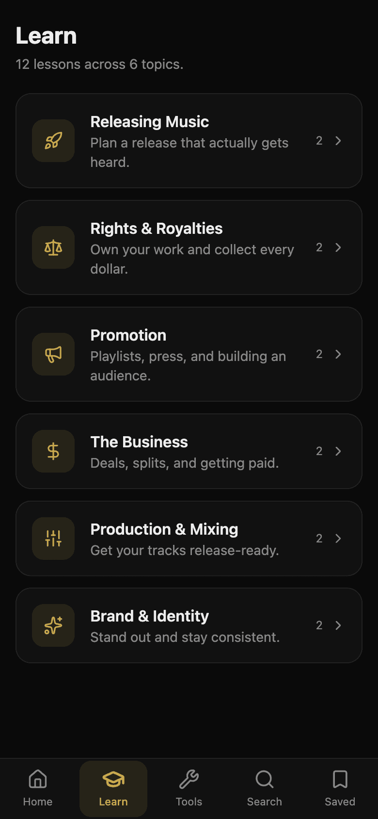 Lesson categories in the Learn tab